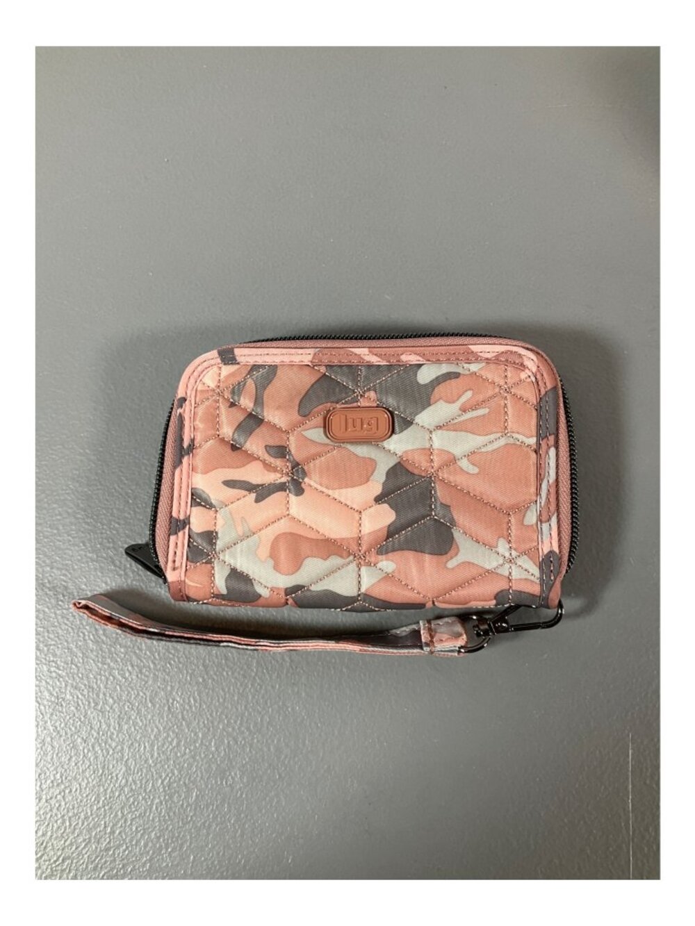 Lug Camo Rose Quilted RFID Wristlet Wallet - Unisex, Pink with Zippered Closure